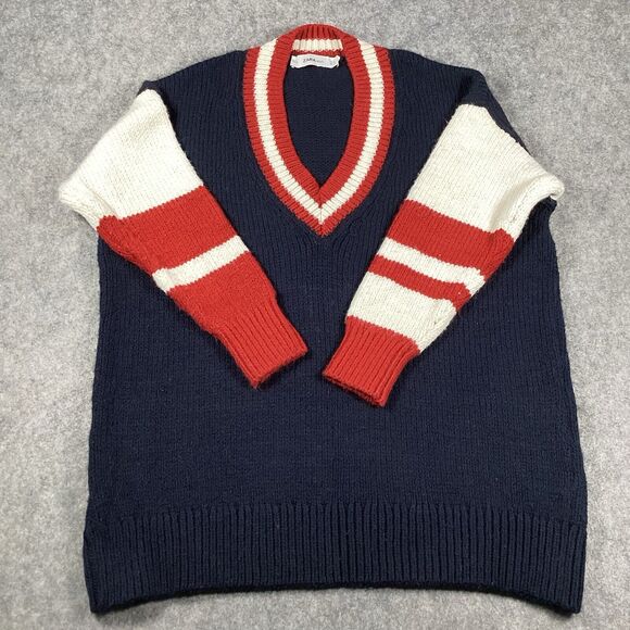 Zara Oversized V Neck Collegiate Preppy Knit Sweater Navy Red White Size Small - Picture 3 of 15